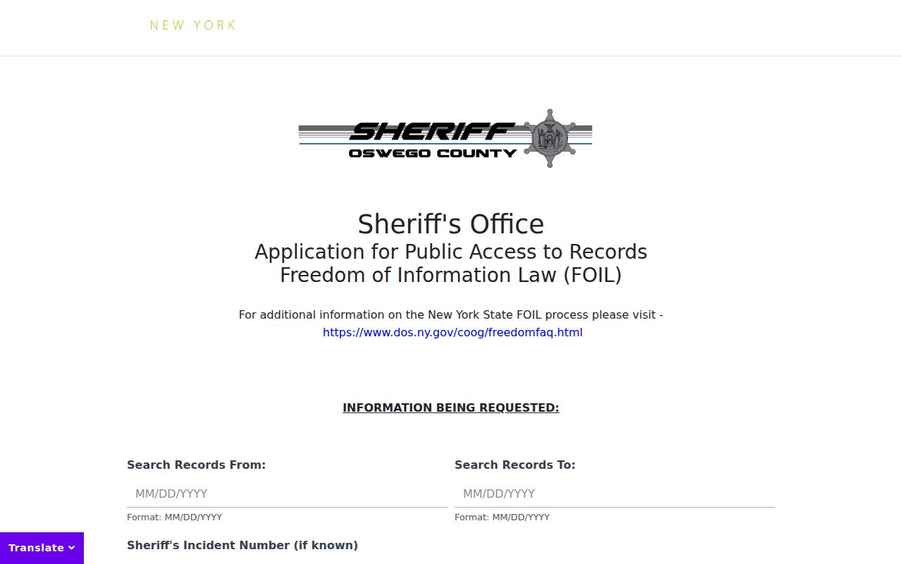 Oswego County arrest record FOIL request form