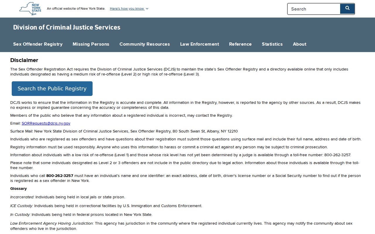 Oswego County sex offender registry accuracy and use disclaimer
